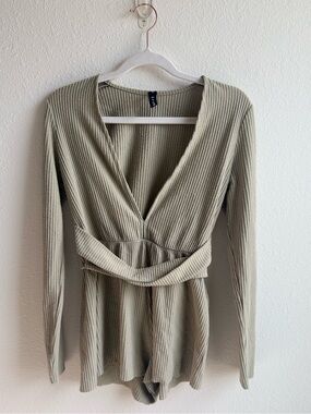 Urban Outfitters Ribbed V-Neck Romper in Sage Green